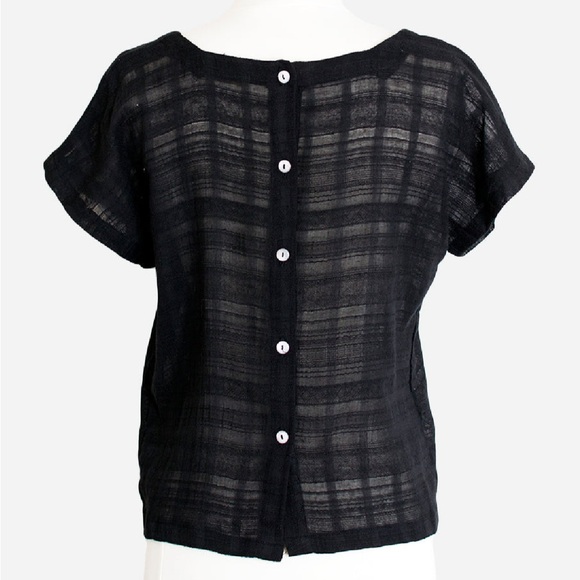 NEW Black Textured Cotton Gauze  Button Back Square Neck Tee, Made in USA - Picture 6 of 6